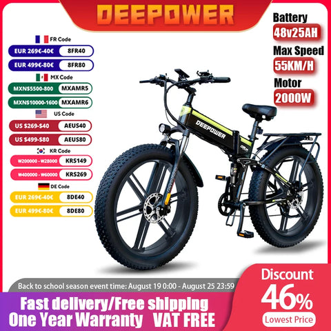 DEEPOWER H26PRO 2000W Adults Electric Bike Bicycle 48V 25AH 26 Inch Fat Tire Folding Electric E Bikes Mountain Oil Brake Ebike